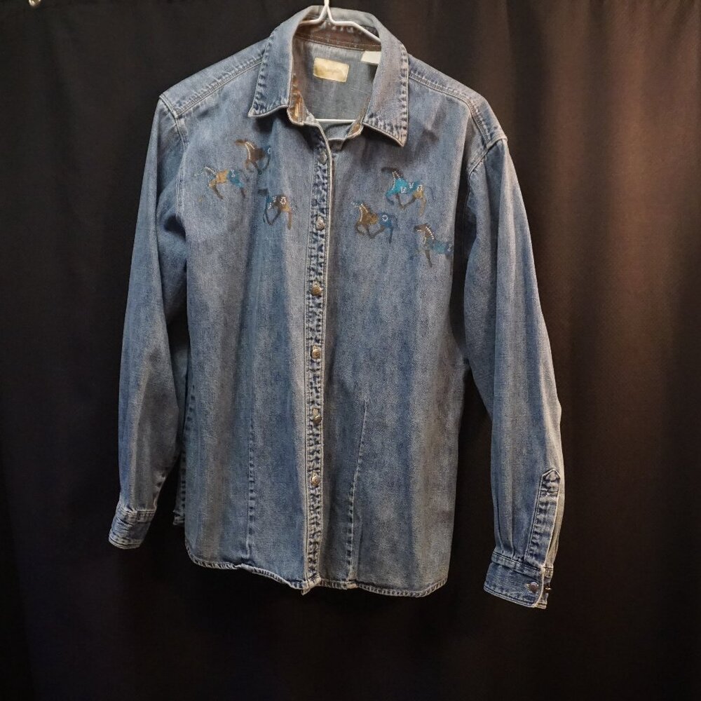 Vintage Wrangler Denim Western-Wild Horses Long Sleeve Button Up Shirt L